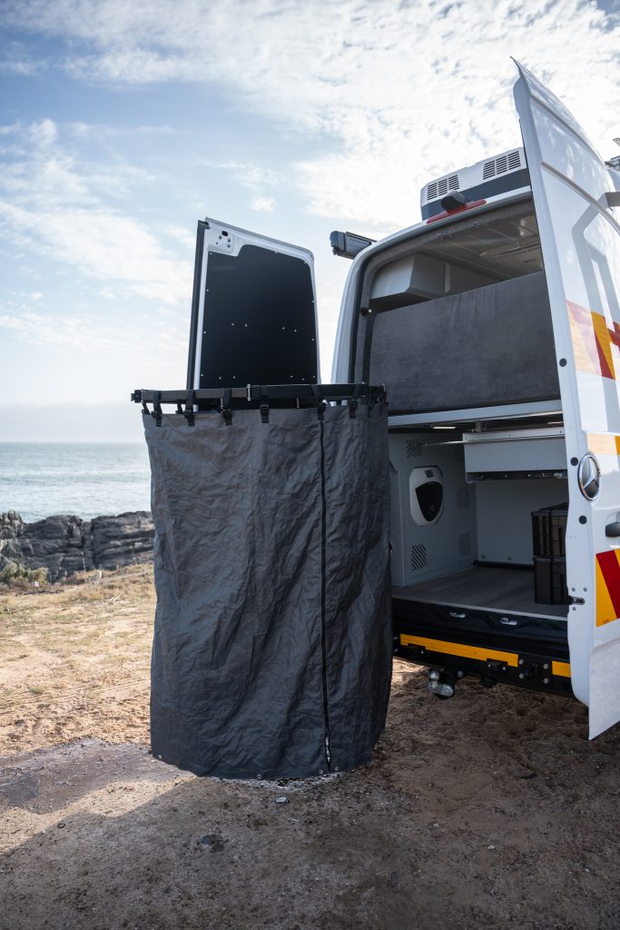 Our Custom built shower cubicle made specifically for MxM Mercedes Sprinter Van Conversions are high quality conversions built in Cape Town, South Africa. Live the Van Life with our Sprinter Van camping Conversions.